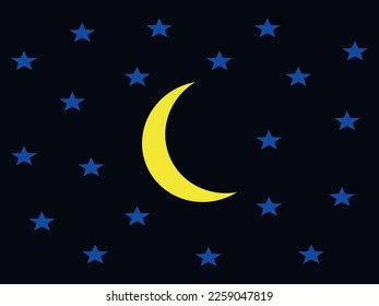 Crescent moon and stars on the background of the night sky. Landscape, background, art style. Vector illustration.