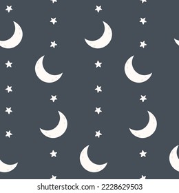 Crescent moon and stars on blue background. Seamless pattern. Flat vector cartoon style