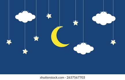 Crescent moon, stars on the midnight sky background. Night sky scenery background vector illustration.