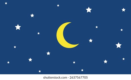 Crescent moon, stars on the midnight sky background. Night sky scenery background vector illustration.