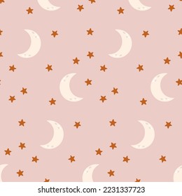 Luna creciente y estrellas de fondo rosado. Patrón sin foco. Estilo de dibujos animados de vector plano