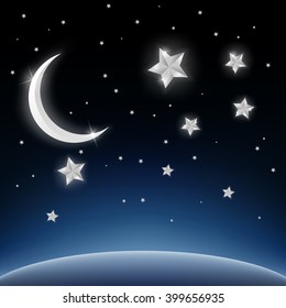 Crescent moon and stars on space background