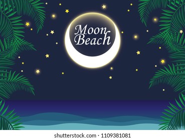 Crescent moon with stars on summer night sky and coconut leaves at the ocean vector back ground.