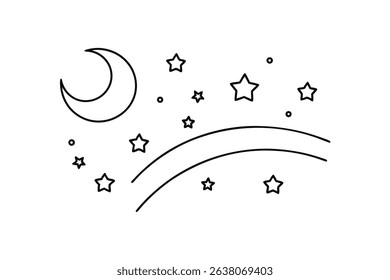Crescent moon stars shooting stars line drawing night sky illustration