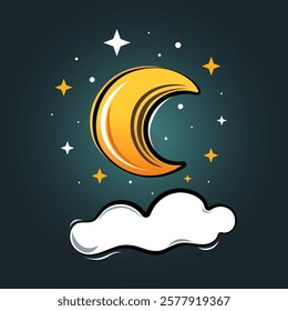 Crescent moon, stars and white clouds isolated on night sky  background, Lunar, Dream, Lullaby, Astrology sign, Moon icon. Vector illustration