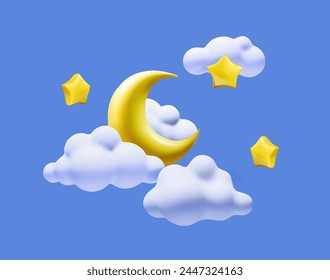 Crescent moon, stars and white fluffy clouds 3d style isolated on blue background. Sleep concept, dream, cartoon illustration