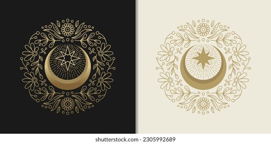 Crescent Moon and Stellar Sparkles with Ornate Floral Engravings