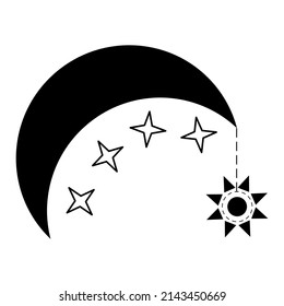 Crescent moon with sun amulet and stars. Magic symbol for witchcraft, astrology, palmistry. Vector illustration.