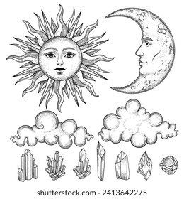 Crescent moon and sun face, clouds, magic crystal Isoteric vintage engraved vector set