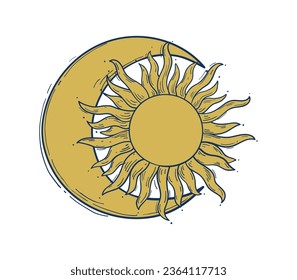 Crescent moon and sun with rays, mystical astrology tattoo, hand drawn zodiac sign, horoscope. Gold linear boho icon isolated on white background.