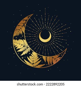 The crescent moon with sun rays, stars and ferns. Wicca, alchemy, mystical, magic, celestial, esoteric, sacred, spiritual, occultism inspired concept. Hand drawn vector