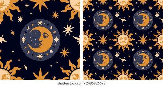 Crescent moon Sun and Stars Vintage Boho Astrology Night Sky Beautiful Seamless Pattern Vector Illustration