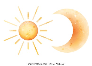 Crescent moon and sun. Vector watercolor stylized cute illustration of celestial bodies