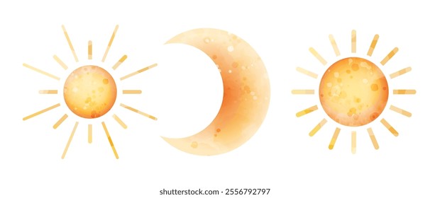 Crescent moon and sun. Vector watercolor stylized cute illustration of celestial bodies