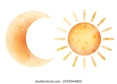 Crescent moon and sun. Vector watercolor stylized cute illustration of celestial bodies