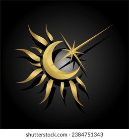 Crescent moon with sunlight and stars. Wicca, alchemy, mystical, magic, celestial, esoteric, sacred, spiritual, occult inspired concepts, Graphic logos, tarot cards, astrological symbols