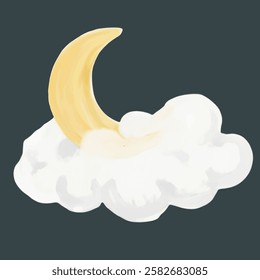 A crescent moon surrounded by clouds, ideal for nighttime, dreamy, and celestial themed graphic designs.
