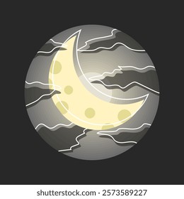 The crescent moon is surrounded by dark clouds on a dark to light gray gradient background, creating a nighttime atmosphere. The moon shines softly, adding to the mystical and serene impression.