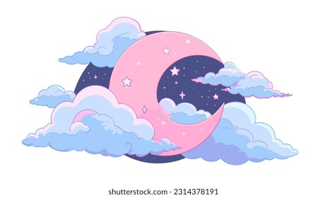 A crescent moon surrounded by fluffy clouds