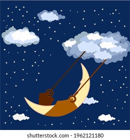 The crescent moon swinging in the clouds garden, with dark blue night sky background  