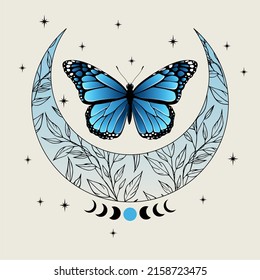 Crescent moon symbol. Beauty blue moon and butterfly design. Celestial illustration.