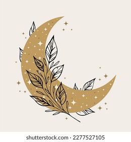 Crescent moon symbol. Beauty gold moon design. Celestial illustration.