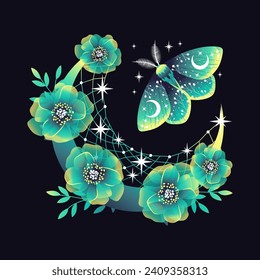 Crescent moon symbol. Beauty green moon design. Celestial illustration.