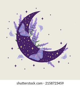 Crescent moon symbol. Beauty purple moon design. Celestial illustration.