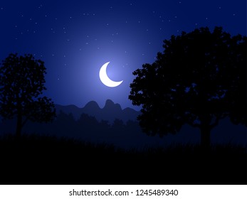 crescent moon and trees silhouette flat wallpaper