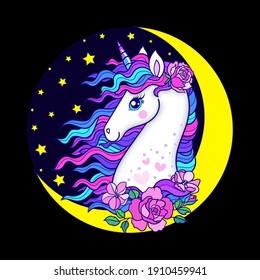 Crescent moon with unicorn head with rainbow mane and roses on black background. Fantastic animal. For the design of prints, posters. postcards, stickers, badges. Vector illustration