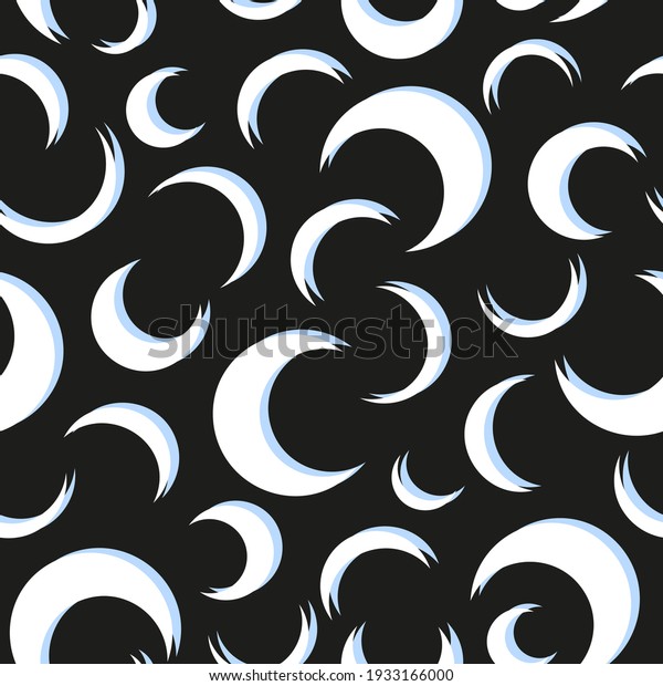 Crescent moon vector\
elements different sized irregular seamless repeat pattern with\
black background.