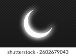 Crescent moon vector with a glowing effect on a dark checkered transparent background. Realistic 3D moon, perfect for night sky illustrations, celestial designs, or moon phase graphics with a bright, 