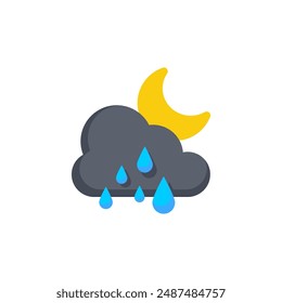 Crescent moon vector icon with black clouds and water droplets. Vector sign illustration for rainy weather at night. On a blank background and can be edited again.