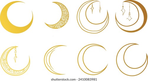 Crescent moon vector set, various moon shapes, celestial bodies, lunar phases, moon icons, astronomy vector graphics, moon phases clipart