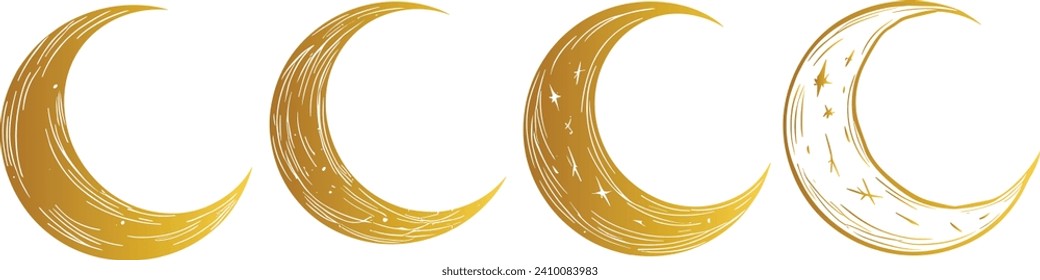 Crescent moon vector set, various moon shapes, celestial bodies, lunar phases, moon icons, astronomy vector graphics, moon phases clipart