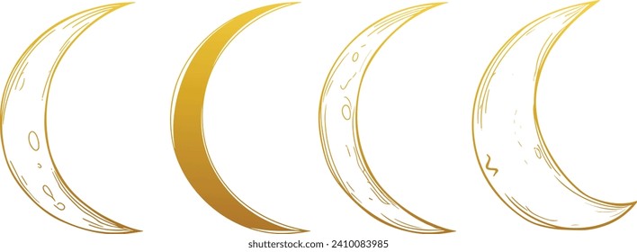 Crescent moon vector set, various moon shapes, celestial bodies, lunar phases, moon icons, astronomy vector graphics, moon phases clipart