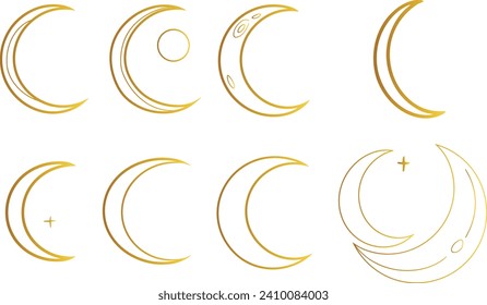 Crescent moon vector set, various moon shapes, celestial bodies, lunar phases, moon icons, astronomy vector graphics, moon phases clipart