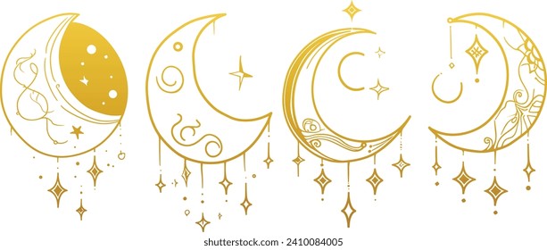 Crescent moon vector set, various moon shapes, celestial bodies, lunar phases, moon icons, astronomy vector graphics, moon phases clipart