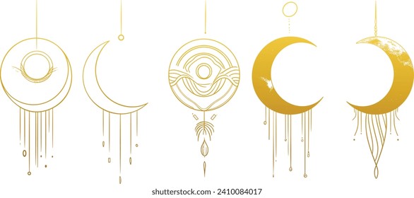 Crescent moon vector set, various moon shapes, celestial bodies, lunar phases, moon icons, astronomy vector graphics, moon phases clipart