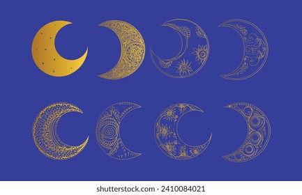 Crescent moon vector set, various moon shapes, celestial bodies, lunar phases, moon icons, astronomy vector graphics, moon phases clipart