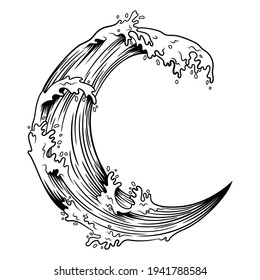 Crescent moon with waves. Illustration of the moon with a ocean wave. Beautiful nature for printing on shirt. Water logo. Tattoo.