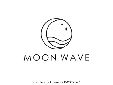 crescent moon and waves logo design. luxury linear outline style.