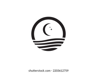 Crescent Moon und Wellen Logo Design. luxuriöser Linienstil.