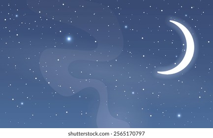 Crescent moon white night starry sky, vector art illustration.