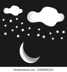 Crescent moon  white stars   white clouds 3d style isolated black background Isolated Moon   Star and Cloud in White   Gold 3D Render Illustration