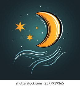 Crescent moon, wind and stars isolated on night sky background, Cute icon, Weather, Lunar, Dream, Lullaby, Astrology sign, Moon icon. Vector illustration