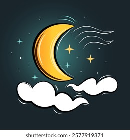 Crescent moon, wind, stars and white clouds isolated on night sky  background, Cute icon, Weather, Lunar, Dream, Lullaby, Astrology sign, Moon icon. Vector illustration