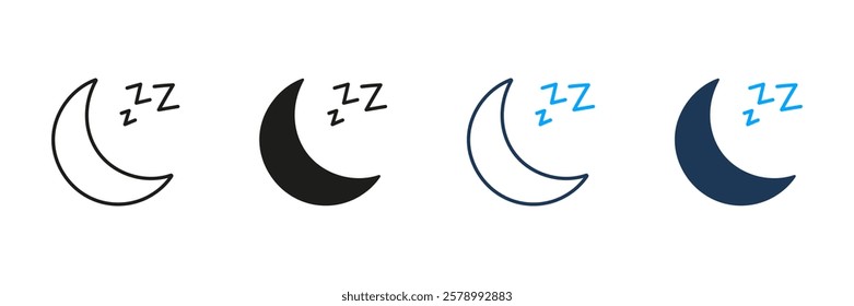 Crescent Moon with ZZZ Line and Silhouette Icon Set. Nighttime Sleep Symbol. Peaceful Night Rest. Editable Stroke. Isolated Vector Illustration.