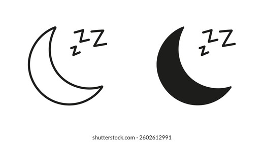 Crescent Moon with ZZZ Line and Silhouette Icon Set. Nighttime Sleep Symbol. Peaceful Night Rest. Editable Stroke. Isolated Vector Illustration.