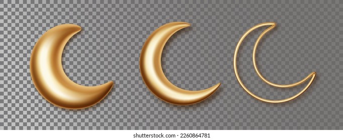 Crescent moons 3d golden decorative vector elements isolated on transparent background. Islamic symbol crescent moon set